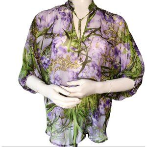 JLo Jennifer Lopez Womens Sheer Tropical Print Flowy Blouse Shirt Sz XS Purple